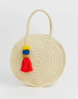 Структурированная соломенная пляжная сумка с помпоном и кисточкой -Кремовый South Beach
