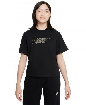Спортивная одежда, хлопковая футболка свободного кроя для девочек , черный Nike