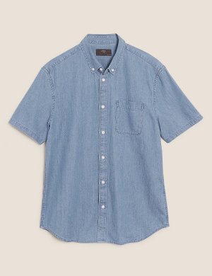 Джинсовая рубашка из чистого хлопка, Marks&Spencer Marks & Spencer. Цвет: светлый синий