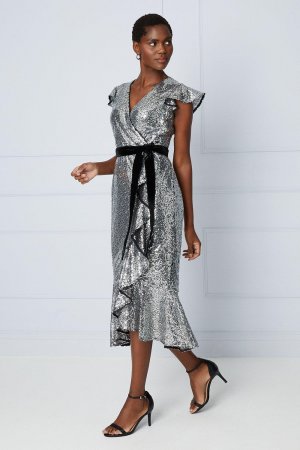 Платье миди премиум-класса с бархатным поясом и пайетками , черный Wallis