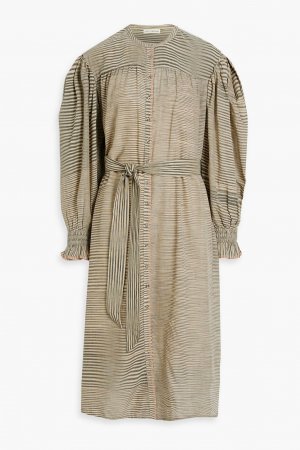 Платье миди Fiora в полоску с поясом и хлопковой вуалью ULLA JOHNSON, грибной Johnson