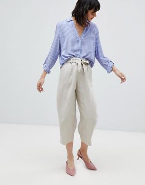 Широкие укороченные брюки с добавлением льна -Бежевый Esprit