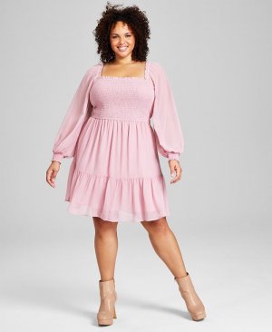 Платье больших размеров с квадратным вырезом и длинными рукавами , розовый And Now This