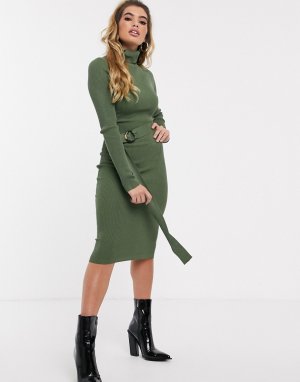 Платье-водолазка миди с поясом оливкового цвета -Зеленый Missguided