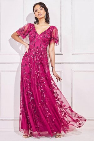Платье макси с расклешенными рукавами и вышивкой , розовый Goddiva