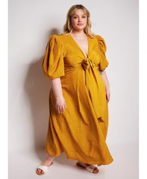 Женское платье макси-трапеции больших размеров с пышными рукавами, желтый Rebdolls