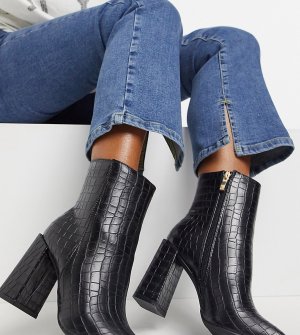 Черные ботинки с квадратным мыском и крокодиловым рисунком -Черный Glamorous Wide Fit