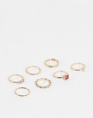 Набор из 6 золотистых колец с кристаллами -Розовый цвет Topshop