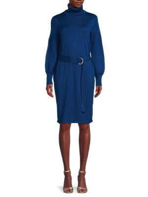 Платье-свитер с высоким воротником и поясом, голубой Donna Ricco