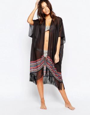 Пляжное кимоно с бахромой Vero Moda. Цвет: черный