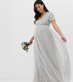 Серебристое платье макси из тюля с V-образным вырезом Bridesmaid-Серый Maya Maternity