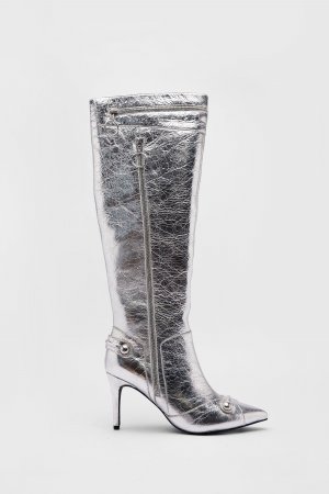 Кожаные сапоги до колена с застежкой-молнией и заклепками металлик острым носком , серебро Warehouse