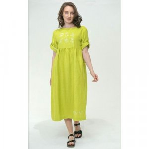 Платье лен, повседневное, свободный силуэт, миди, карманы, размер 48, зеленый OSTRAYA ROZA. Цвет: салатовый/зеленый