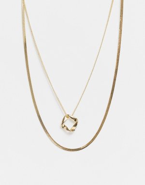Золотистое ярусное ожерелье-цепочка с плоскими звеньями и круглой подвеской -Золотистый DesignB London