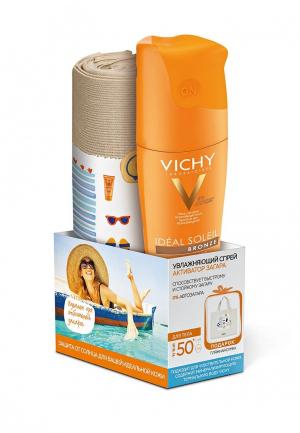 Набор для ухода за телом Vichy CAPITAL IDEAL SOLEIL Увлажняющий спрей активатор загара тела spf50+ 200мл, пляжная сумка. Цвет: оранжевый