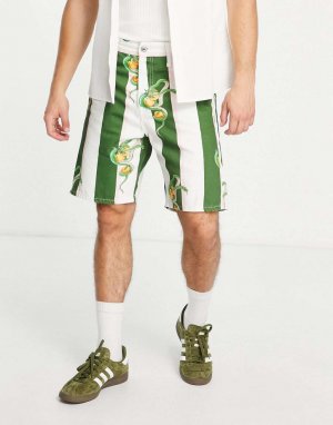 Джинсовые шорты Premium в зеленую полоску со змеиным принтом Jack & Jones
