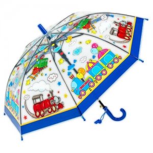 Зонт детский матово прозрачный для мальчиков Транспорт со свистком c синей ручкой Baziator. Цвет: синий/голубой