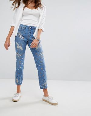 Прямые джинсы с вышивкой Pimkie. Цвет: синий