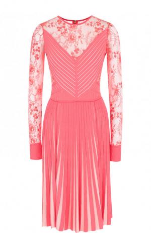 Приталенное мини-платье с плиссированной юбкой и кружевной отделкой Elie Saab. Цвет: розовый