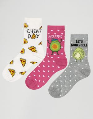 3 пары носков с авокадо и пиццей New Look. Цвет: розовый
