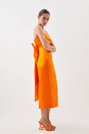 Платье миди из итальянского атласа-бандо со структурой и бантом , оранжевый Karen Millen