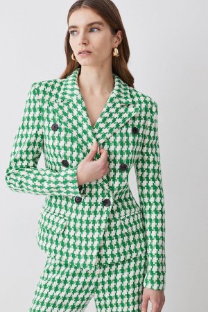 Твидовый пиджак в клетку стиле милитари, зеленый Karen Millen