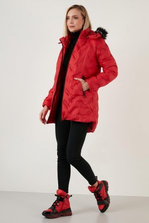 Длинное пальто Slim Fit со съемным капюшоном и воротником из искусственного меха 5760082 Lela, красный LELA
