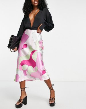 Атласная юбка-комбинация миди с закрученным принтом -Разноцветный ASOS DESIGN