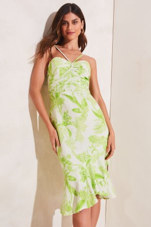 Платье миди со сборками вырезом через шею и перекрученным передом , зеленый Lipsy