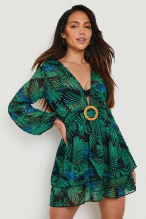 Пляжное платье с глубоким вырезом и поясом Tropical Ring boohoo, зеленый Boohoo