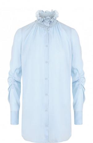 Однотонная шелковая блуза с драпировкой и воротником-стойкой Carven. Цвет: голубой