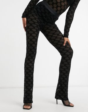 Черные расклешенные брюки из сетки с флокированным узором и логотипом от комплекта -Черный Juicy Couture