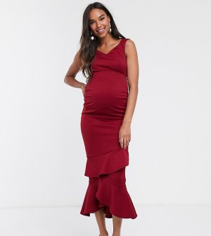 Платье миди с оборкой и открытыми плечами -Красный True Violet Maternity