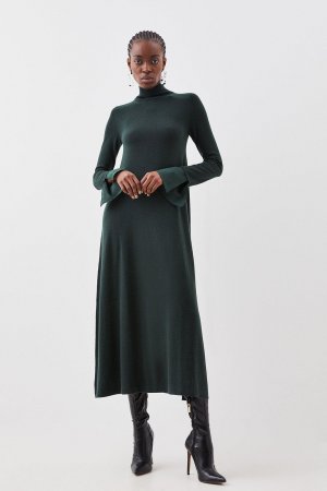 Трикотажное платье макси из мериносовой шерсти и шелковых манжет , зеленый Karen Millen