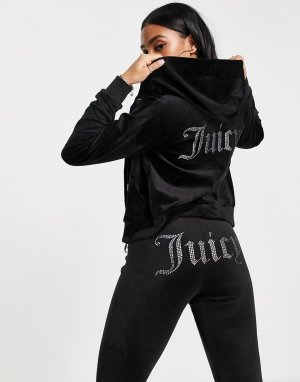 Велюровая олимпийка черного цвета с капюшоном от комплекта -Черный цвет Juicy Couture