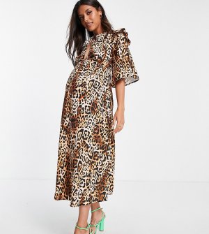 Эксклюзивное платье миди с оборками, завязкой на шее и леопардовым принтом -Разноцветный Queen Bee