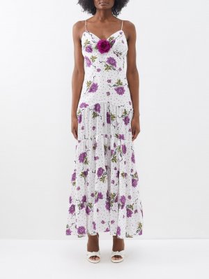 Шелковое платье-комбинация с цветочной аппликацией, белый Rodarte