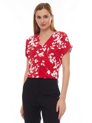 Принтованная блузка с вырезом и коротким рукавом zolla. Цвет: красный