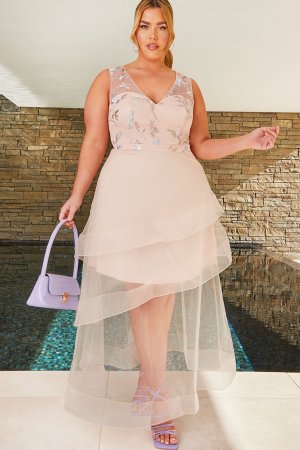 Платье миди больших размеров с вышитым V-образным вырезом и сетчатым подолом , розовый Chi London