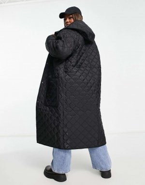 Черное длинное стеганое пальто ASOS DESIGN Curve. Цвет: черный