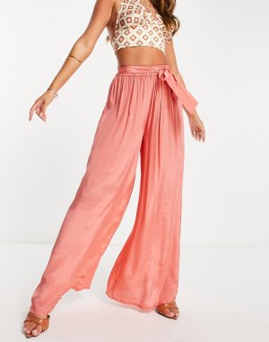 Пляжные брюки серовато-бежевого цвета с широкими штанинами и завязкой (от комплекта) -Розовый цвет ASOS DESIGN