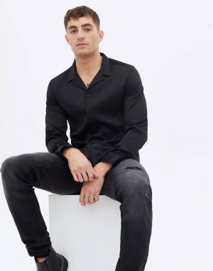 Черная атласная рубашка с отложным воротником и длинными рукавами -Черный цвет New Look