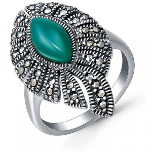 Перстень , серебро, 925 проба, агат, марказит, размер 17.5, зеленый Silver WINGS. Цвет: зеленый/зелeный