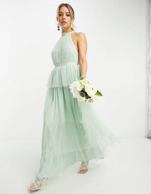 Мятно-зеленое платье макси из тюля с вырезом халтер и многоярусной юбкой Bridesmaid VILA