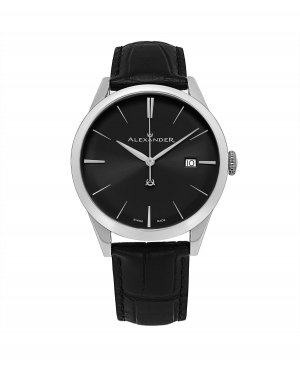Мужские изысканные черные кожаные часы с черным циферблатом, круглые 40 мм Alexander