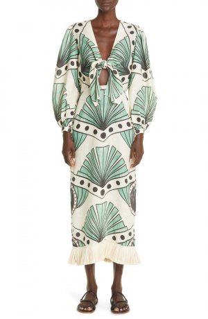 Платье миди Mother Continent с длинными рукавами из рафии и бахромой Johanna Ortiz