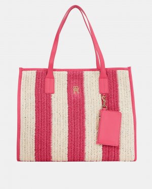 Большая сумка-тоут, связанная крючком, с двухцветными белыми и розовыми полосками , фуксия Tommy Hilfiger