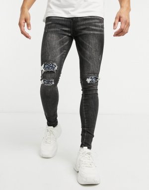 Серые зауженные джинсы из пейсли с рваной отделкой и тканевыми вставками на коленях -Серый Good For Nothing