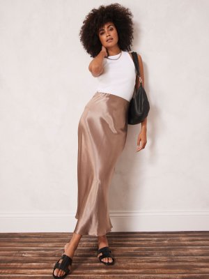 Атласная юбка-комбинация из бархата , коричневая Mint Velvet