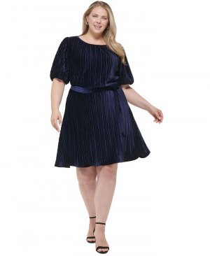 Плиссированное платье больших размеров с объемными рукавами и завязкой на талии , синий DKNY